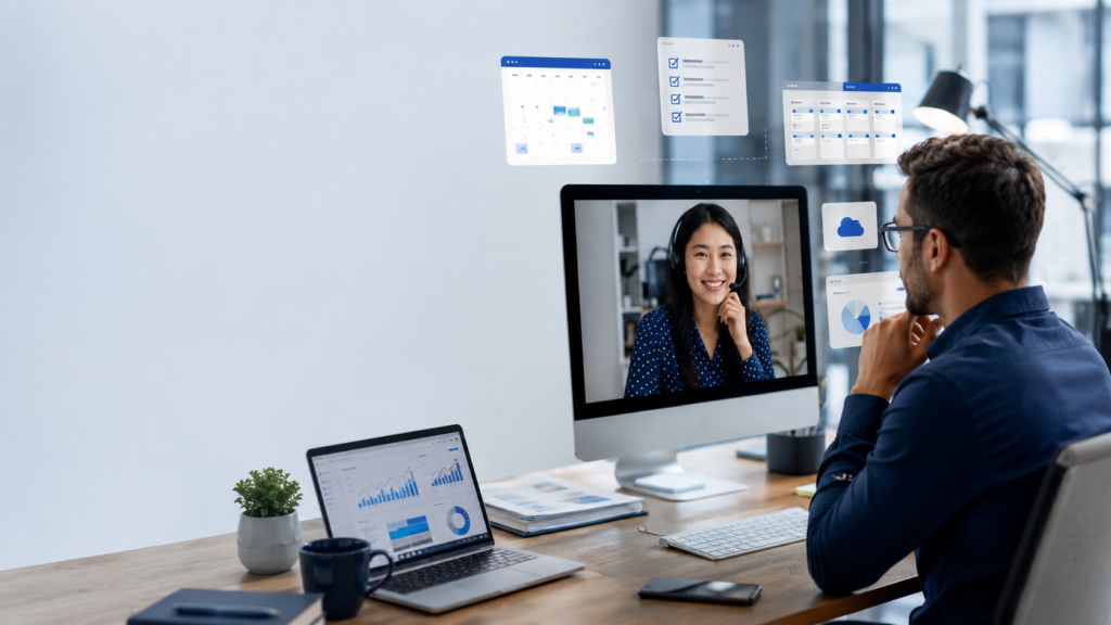 Modern workspace with virtual meeting tools