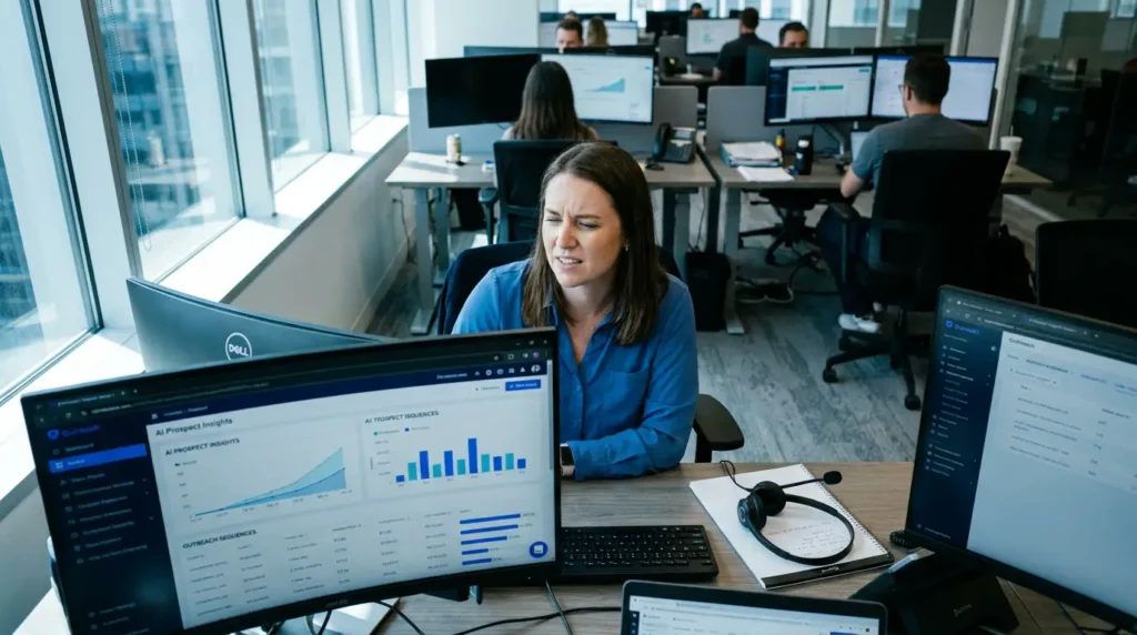 Sales development representative using AI-assisted tools to research prospects and manage outreach in 2026