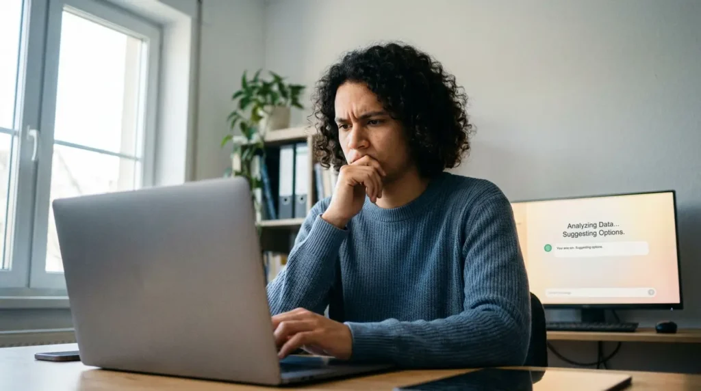 Human virtual assistant working alongside AI tools, illustrating the difference between AI and human VAs