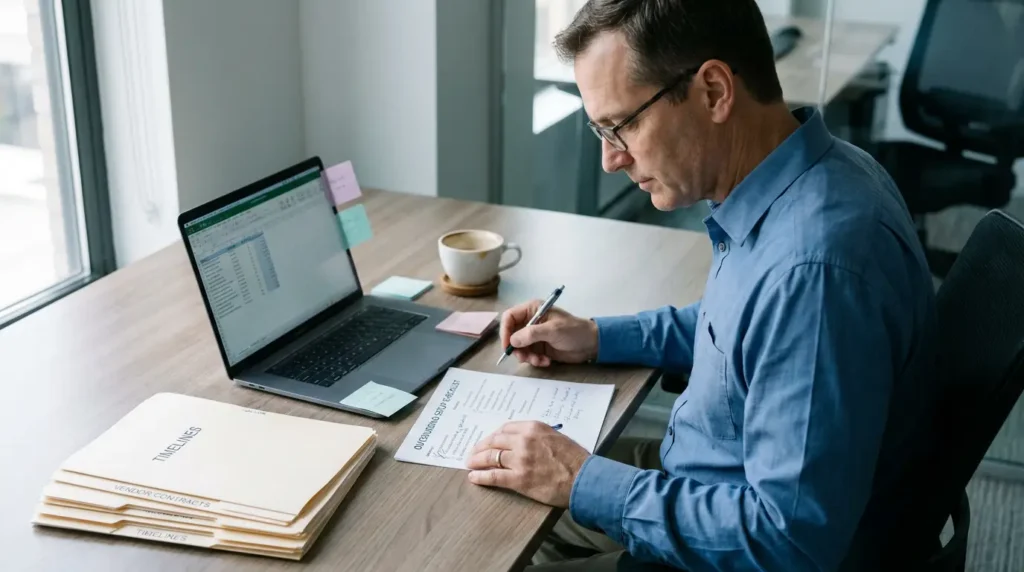 Business manager working through a customer support outsourcing checklist while planning an offshore team setup