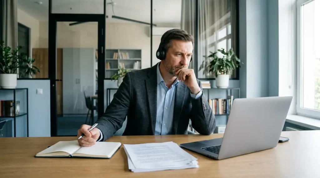 Business owner interviewing a virtual assistant candidate over video call as part of the hiring process