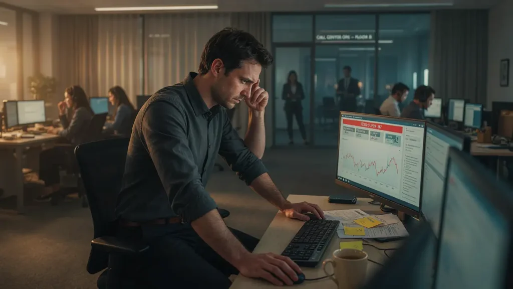 Customer support manager reviewing metrics as an overstretched in-house team works in a busy office