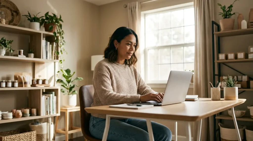 Small business owner working calmly at a laptop after delegating admin tasks to a virtual assistant