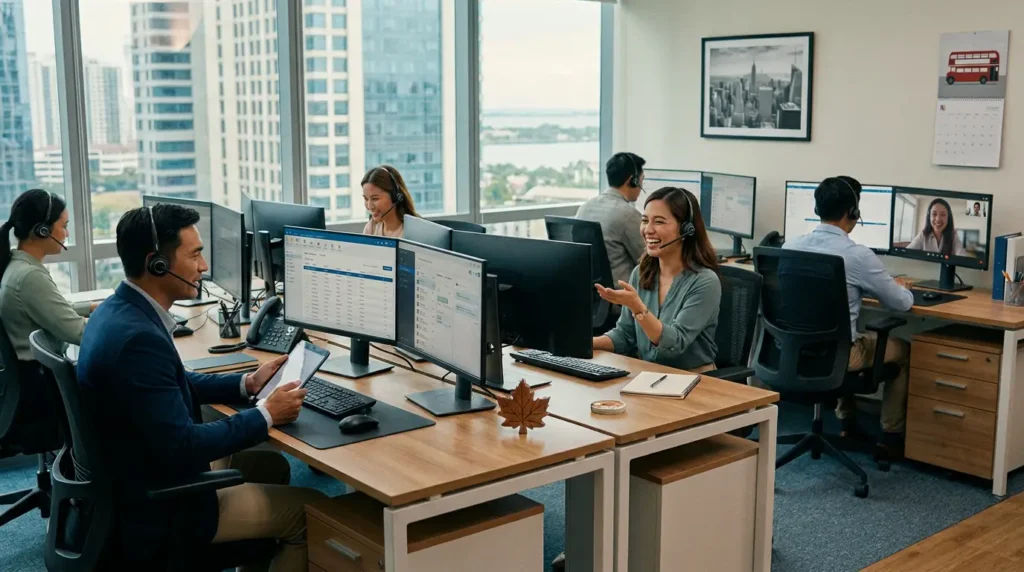 Offshore customer support representatives working with international businesses
