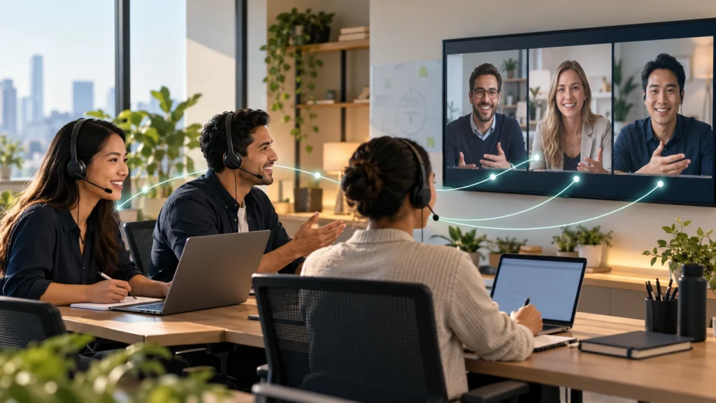 Dedicated offshore SDR team collaborating with sales colleagues during a video meeting.