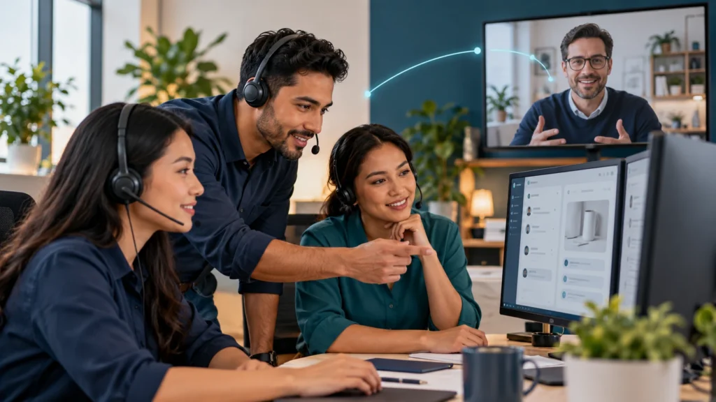 Dedicated offshore customer support team reviewing customer inquiries with a remote manager.