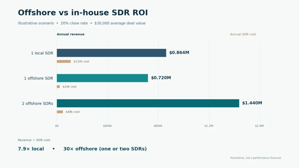 Illustrative comparison of annual SDR cost and revenue: one local SDR at $110,000 cost and $864,000 revenue, versus one or two offshore SDRs at $24,000 or $48,000 cost and $720,000 or $1.44 million revenue.