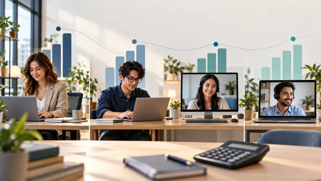 Four virtual assistants working across office and remote setups, illustrating a comparison of local, freelance, and offshore VA costs.
