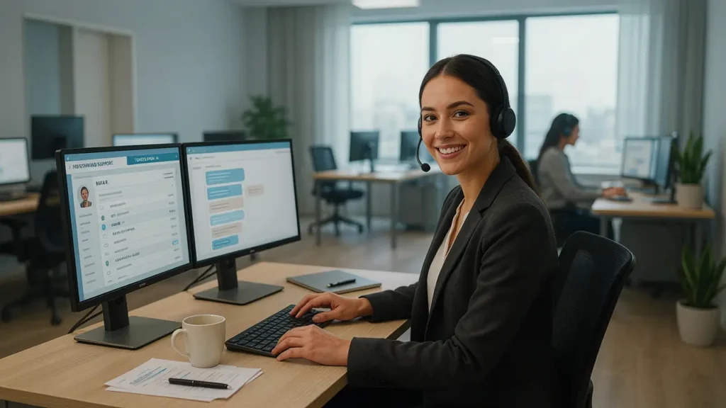 Skilled customer service representative wearing a headset helping a customer with a warm, confident manner